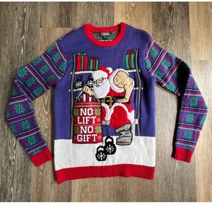 33 Degrees Sweater Mens Small Purple No Lift No Gift Buff Santa Ugly Christmas